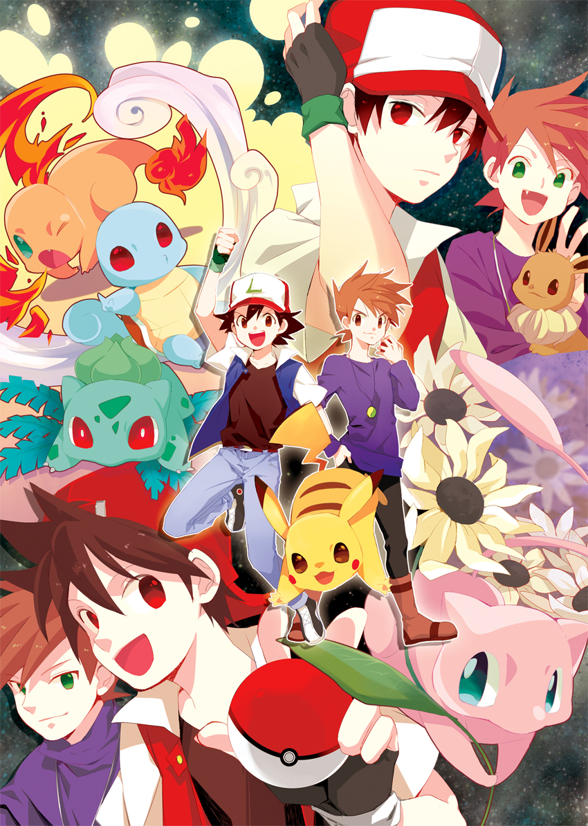 pikachu, ash ketchum, red, eevee, blue oak, and 5 more (pokemon and 2 more) drawn by tarteap
