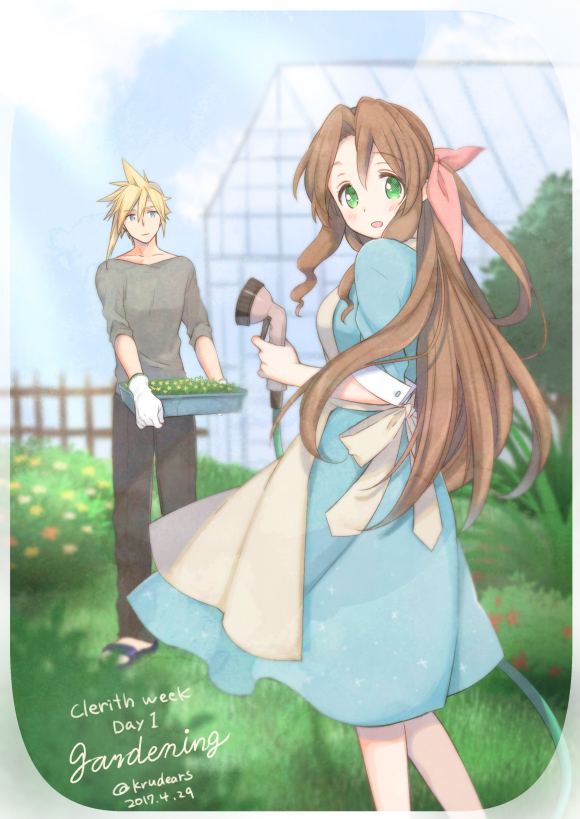 cloud strife and aerith gainsborough (final fantasy and 1 more) drawn by krudears