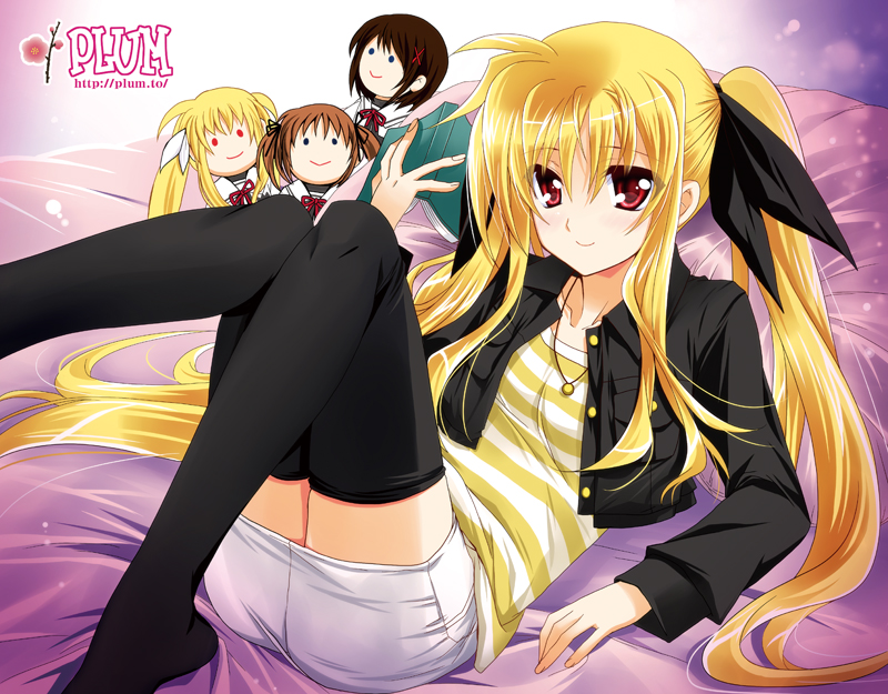 fate testarossa, takamachi nanoha, and yagami hayate (lyrical nanoha and 3 more) drawn by kanna_(plum)