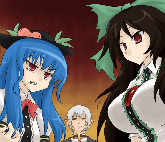 reiuji utsuho, hinanawi tenshi, and buront (touhou and 2 more) drawn by oro_(zetsubou_girl)