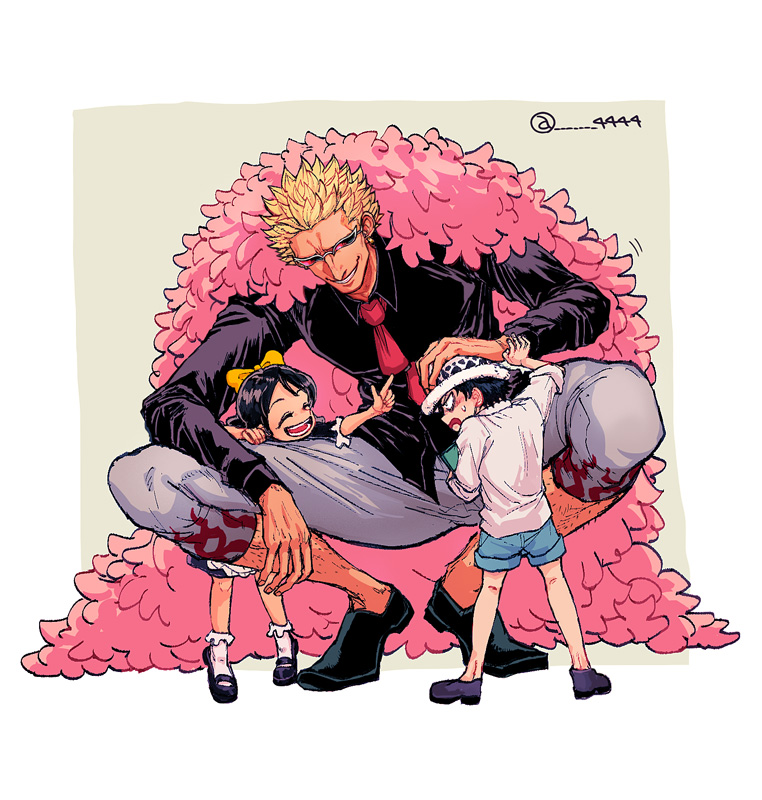 trafalgar law, donquixote doflamingo, and baby 5 (one piece) drawn by 4444_(tetsuya)