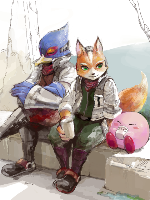 kirby, fox mccloud, and falco lombardi (kirby and 2 more) drawn by 16167mono