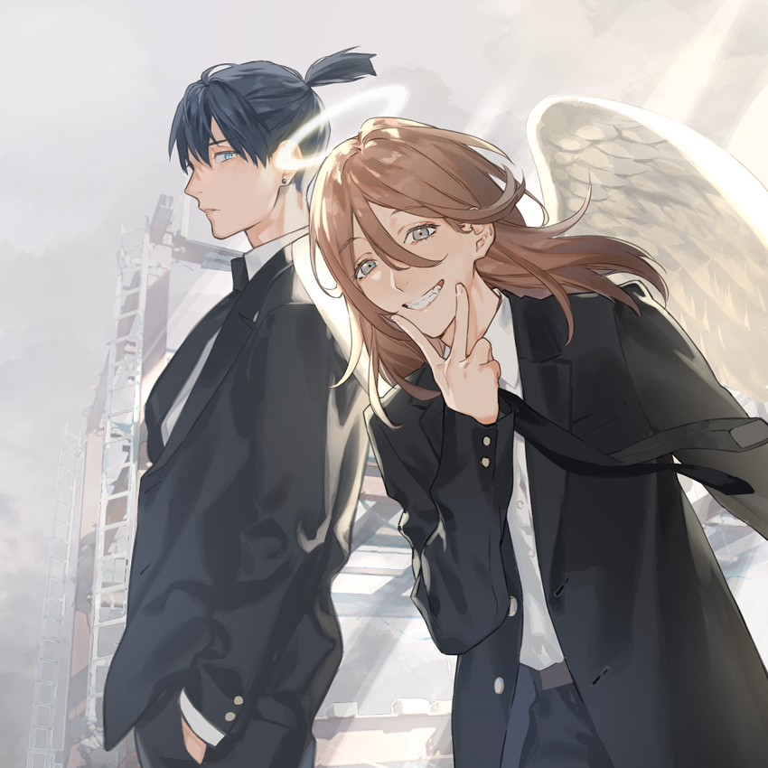 hayakawa aki and angel devil (chainsaw man) drawn by takarai_rihito