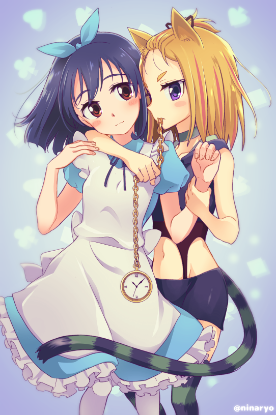 alice, cheshire cat, kokomine cocona, and yayaka (alice's adventures in wonderland and 1 more) drawn by niina_ryou
