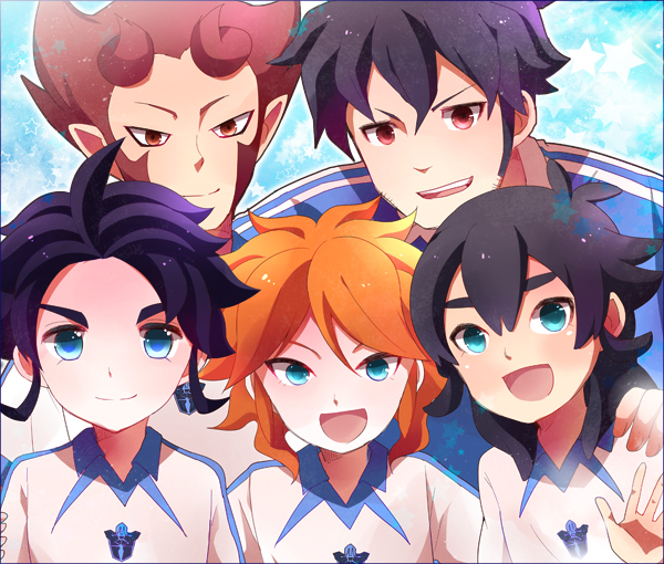 kishibe taiga, amemiya taiyou, yukimura hyouga, mahoro tadashi, and hyoudou tsukasa (inazuma eleven go and 2 more) drawn by moyuchocolats