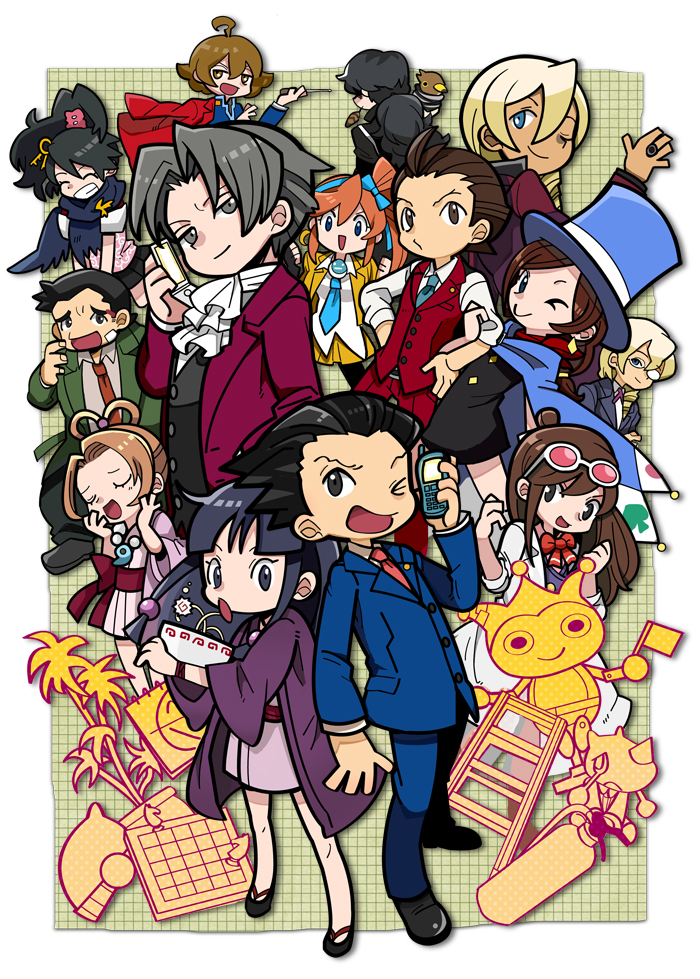 phoenix wright, miles edgeworth, maya fey, apollo justice, trucy wright, and 11 more (ace attorney and 5 more) drawn by kida_yuu