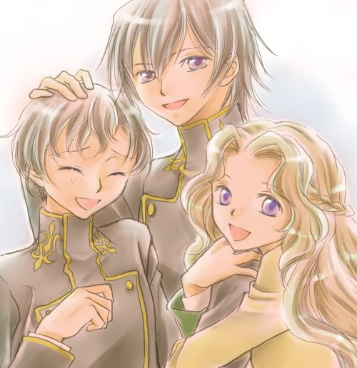 lelouch vi britannia, nunnally vi britannia, and rolo lamperouge (code geass) drawn by pesu