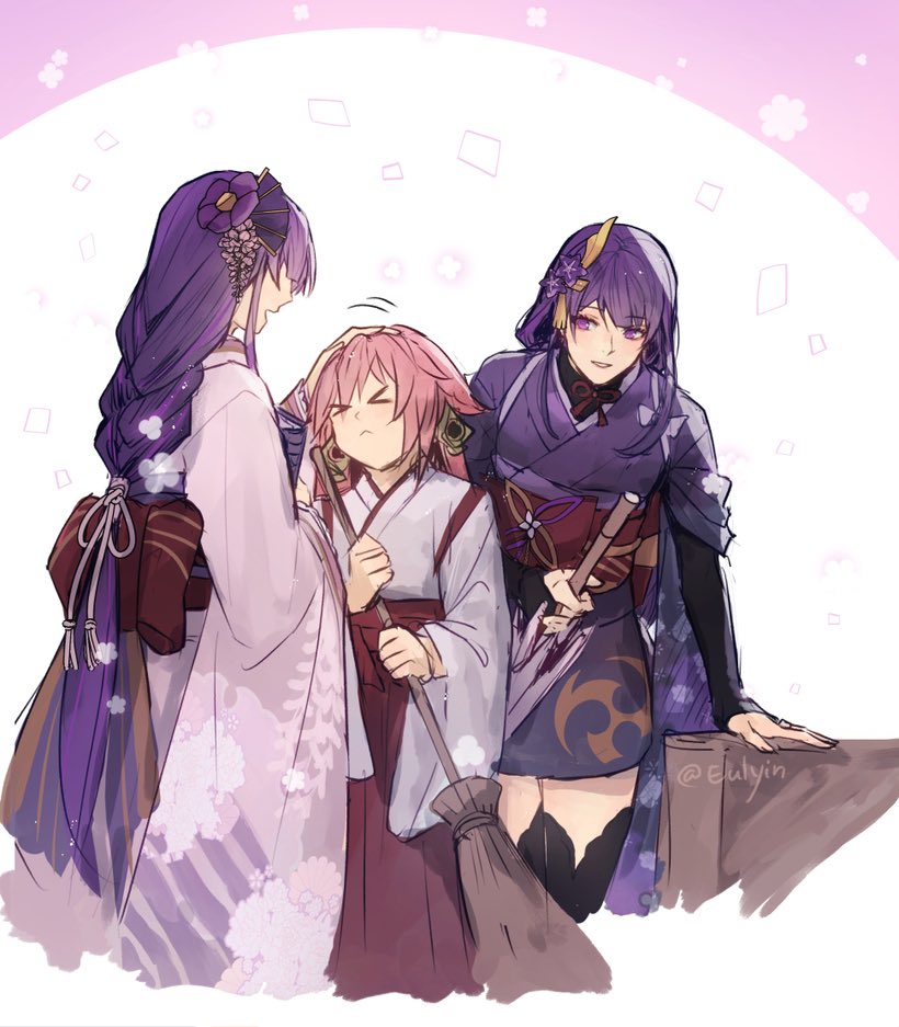 raiden shogun, yae miko, and makoto (genshin impact) drawn by eulyin_huan