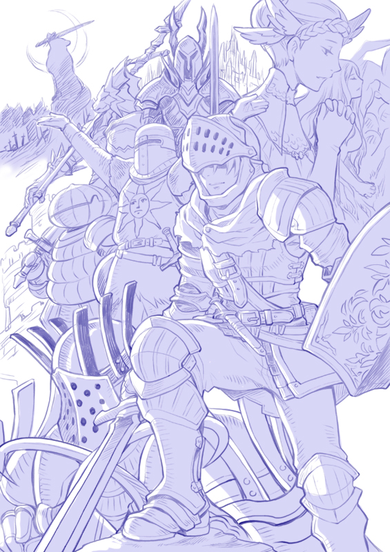 chosen undead, solaire of astora, dragon slayer ornstein, great grey wolf sif, siegmeyer of catarina, and 6 more (dark souls and 1 more) drawn by miyasumi_(jam_session)