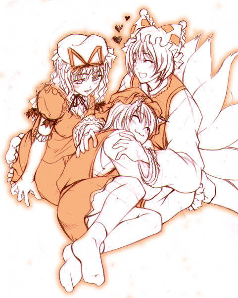 yakumo yukari, yakumo ran, and chen (touhou) drawn by chado