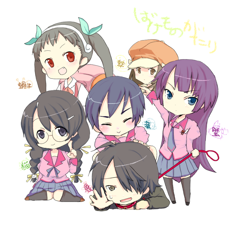 senjougahara hitagi, hanekawa tsubasa, sengoku nadeko, hachikuji mayoi, araragi koyomi, and 1 more (monogatari and 2 more) drawn by bunsai