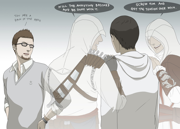 ezio auditore da firenze, altair ibn la-ahad, desmond miles, and shaun hastings (assassin's creed) drawn by gb_(doubleleaf)
