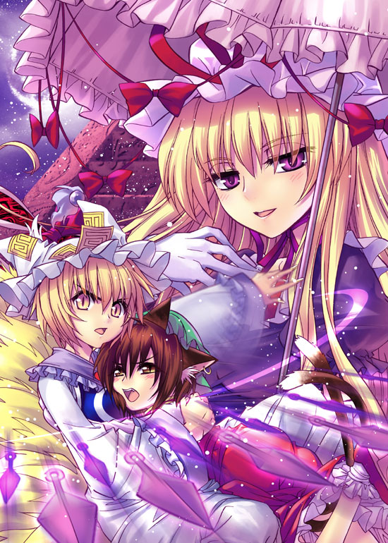 yakumo yukari, yakumo ran, and chen (touhou) drawn by sato-pon