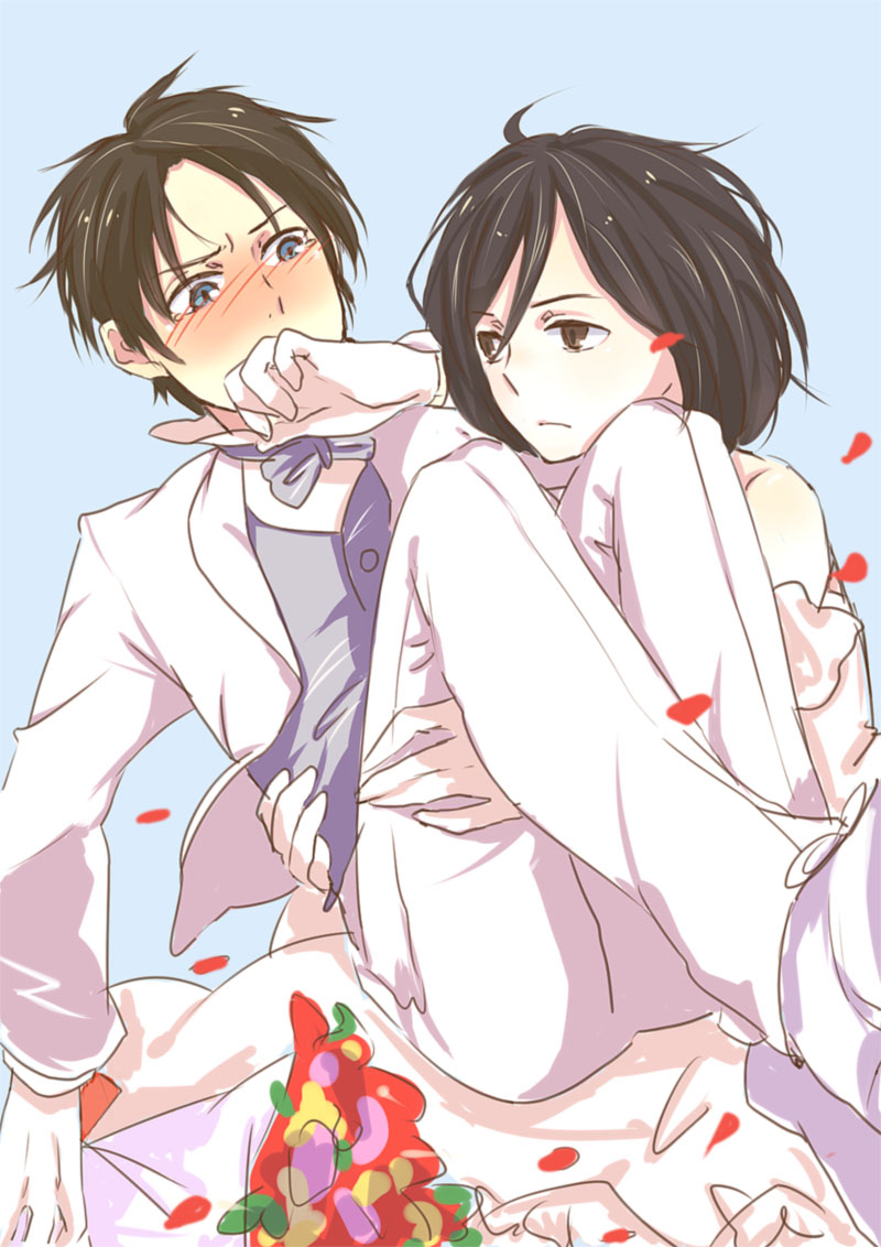 mikasa ackerman and eren yeager (shingeki no kyojin) drawn by thriller_mio