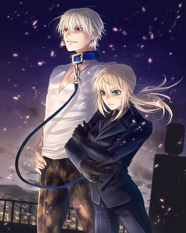 artoria pendragon, saber, and gilgamesh (fate and 1 more) drawn by oro_(sumakaita)