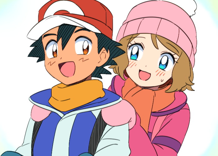 ash ketchum and serena (pokemon) drawn by moyori