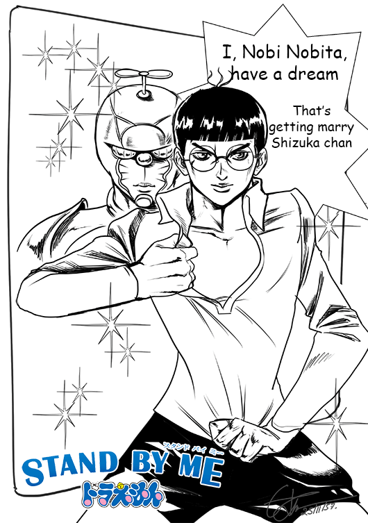 giorno giovanna, doraemon, nobi nobita, and gold experience requiem (jojo no kimyou na bouken and 2 more) drawn by longjunt
