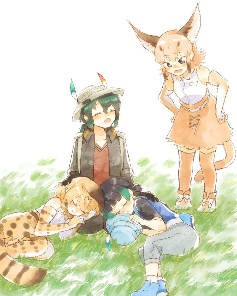 serval, kaban, caracal, and kyururu (kemono friends) drawn by moeki_(moeki0329)