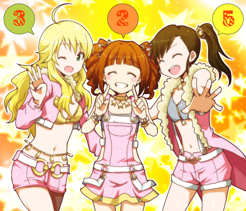 hoshii miki, takatsuki yayoi, and futami mami (idolmaster) drawn by kidachi