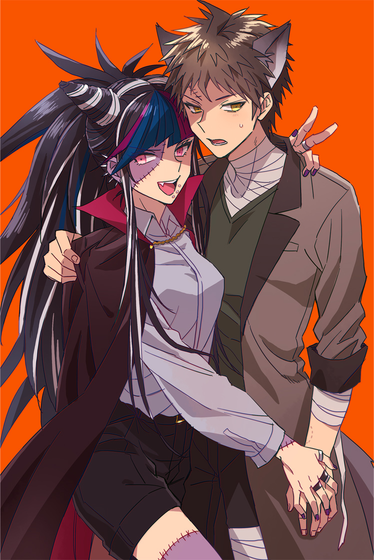 hinata hajime, mioda ibuki, and frankenstein's monster (danganronpa and 1 more) drawn by okuragon