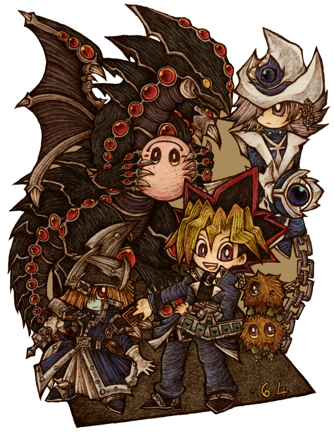 muto yugi, silent magician, kuriboh, silent swordsman, marshmallon, and 3 more (yu-gi-oh!) drawn by mokyu-mokyu