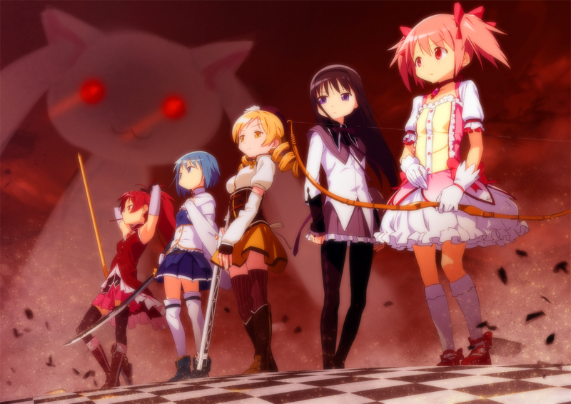 akemi homura, kaname madoka, miki sayaka, sakura kyoko, tomoe mami, and 1 more (mahou shoujo madoka magica) drawn by ikezawa_shin
