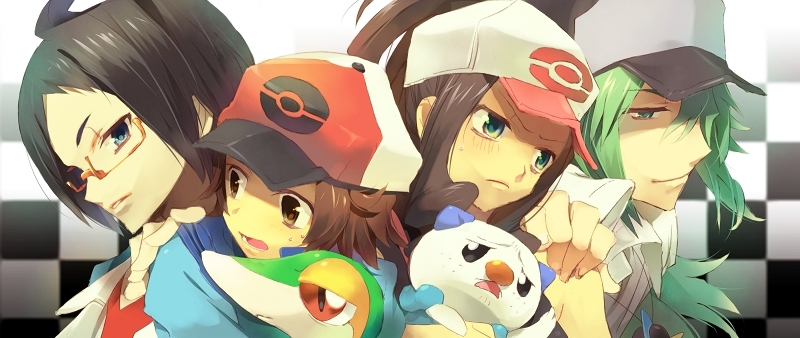 hilda, hilbert, n, oshawott, snivy, and 1 more (pokemon and 1 more) drawn by tyuraba