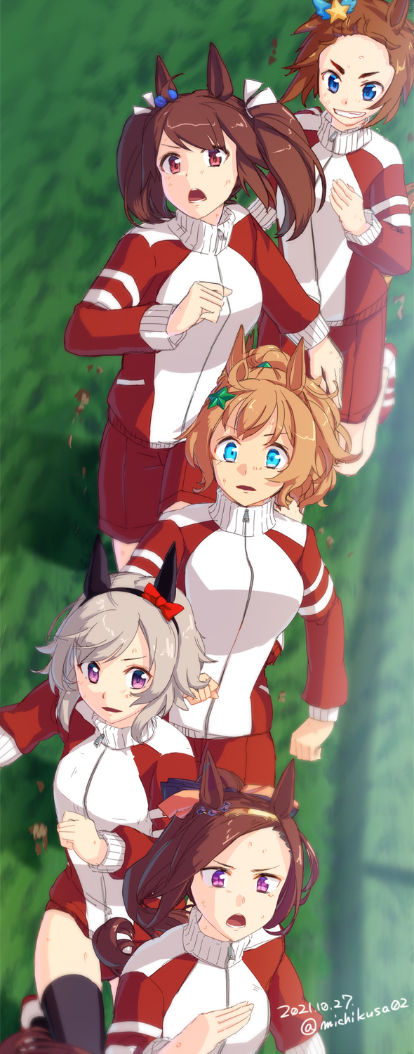 curren chan, taiki shuttle, sakura bakushin o, hishi akebono, and biko pegasus (umamusume) drawn by takuzui