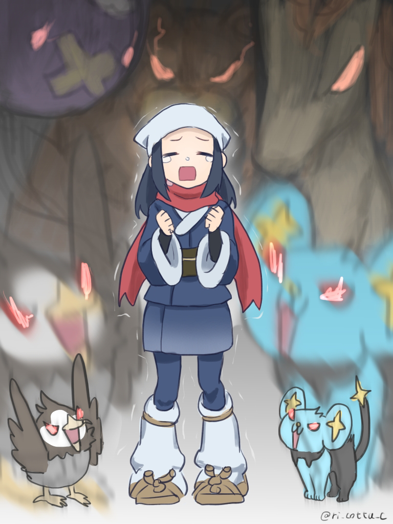 akari, shinx, starly, drifblim, rapidash, and 1 more (pokemon and 1 more) drawn by riko_(ri_cotta_c)
