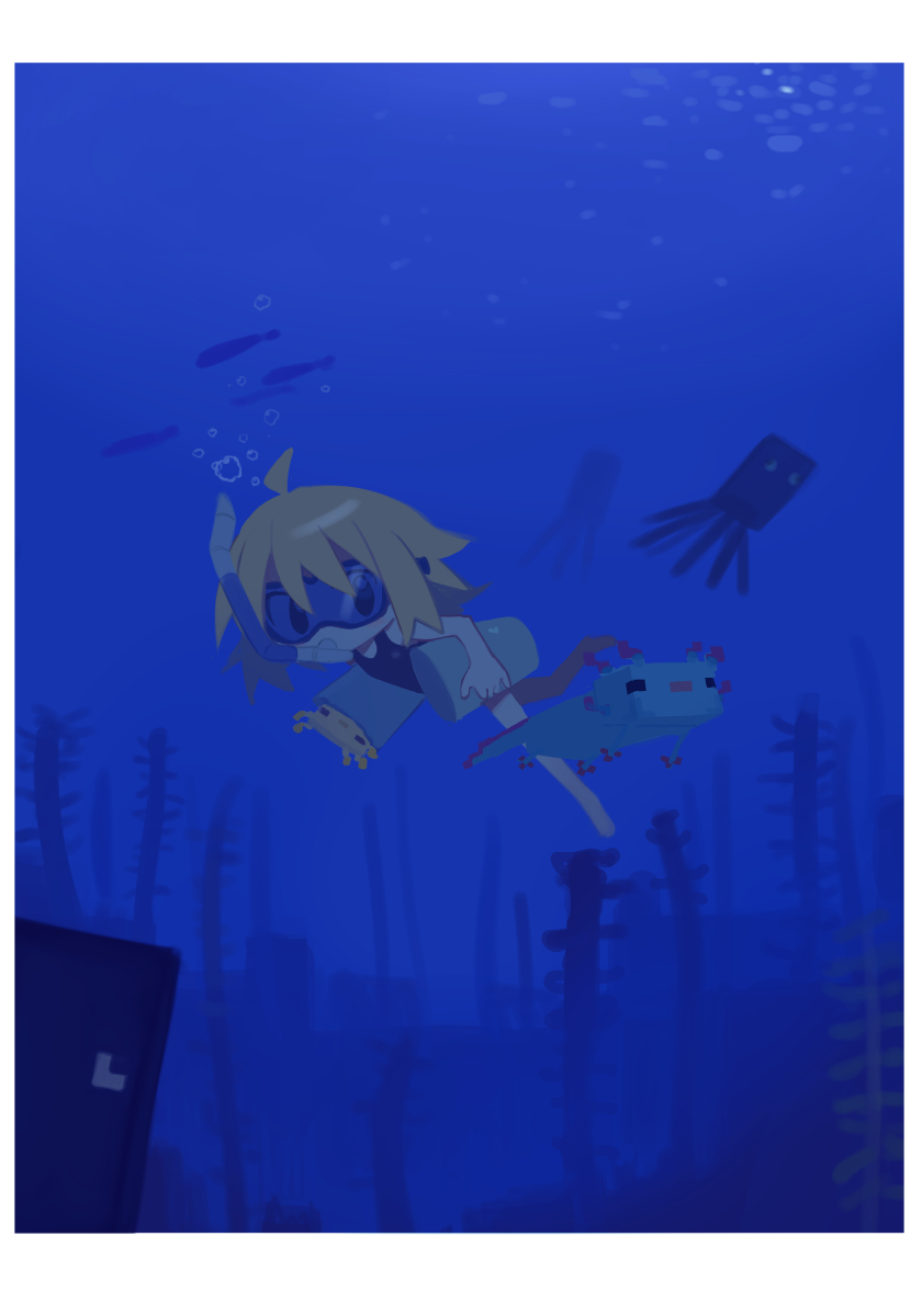 uozumi kurumi, axolotl, and squid (minecraft and 1 more) drawn by kokaki_mumose