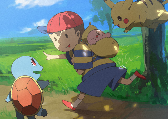 pikachu, kirby, squirtle, and ness (pokemon and 4 more) drawn by uichi