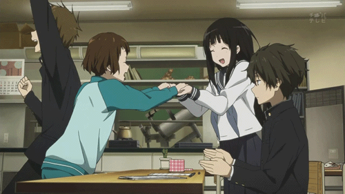 chitanda eru, oreki houtarou, ibara mayaka, and fukube satoshi (hyouka)