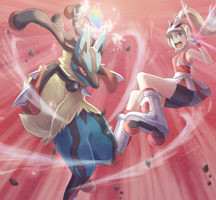 lucario, korrina, and mega lucario (pokemon and 1 more) drawn by reyu-a