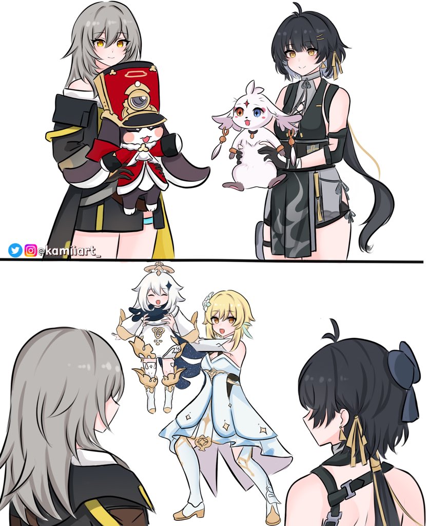 lumine, trailblazer, stelle, paimon, rover, and 3 more (genshin impact and 4 more) drawn by kamiiart