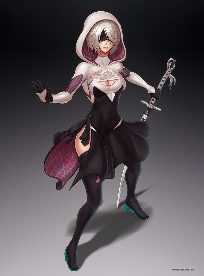 2b and spider-gwen (marvel and 5 more) drawn by hybridmink