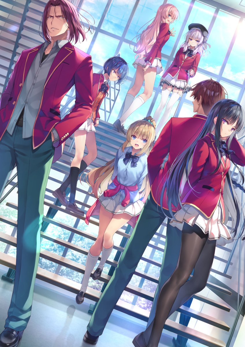 horikita suzune, ichinose honami, karuizawa kei, sakayanagi arisu, ayanokouji kiyotaka, and 2 more (youkoso jitsuryoku shijou shugi no kyoushitsu e) drawn by tomose_shunsaku