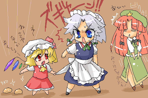 flandre scarlet, izayoi sakuya, and hong meiling (touhou) drawn by pista