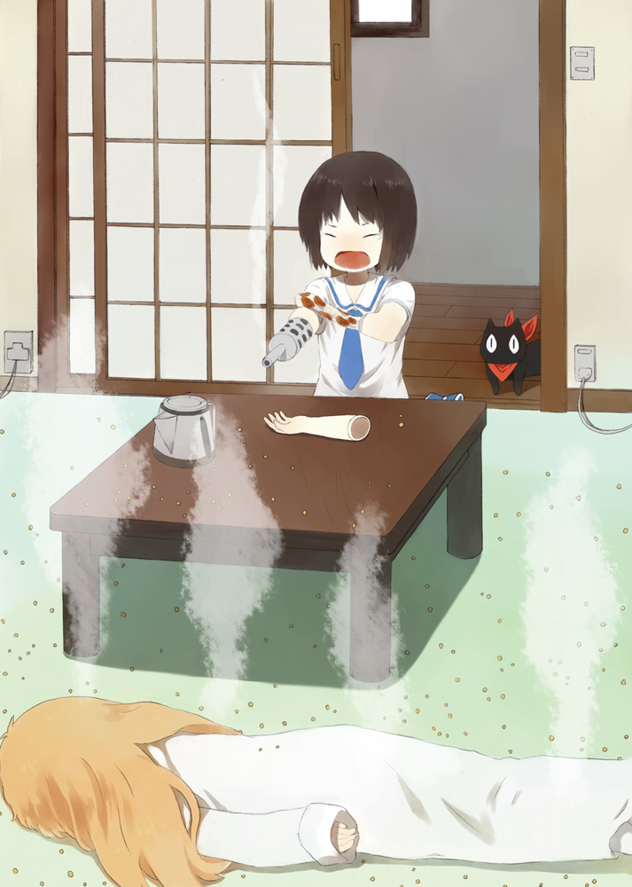 shinonome nano, professor shinonome, and sakamoto (nichijou) drawn by moekon