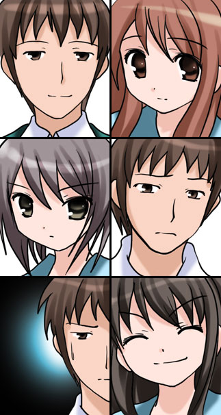 suzumiya haruhi, nagato yuki, asahina mikuru, and kyon (suzumiya haruhi no yuuutsu)