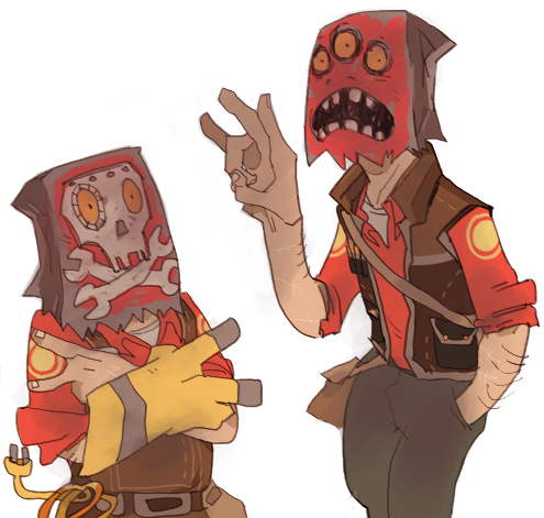 engineer, sniper, red engineer, and red sniper (team fortress 2) drawn by 22_(tak_ja)