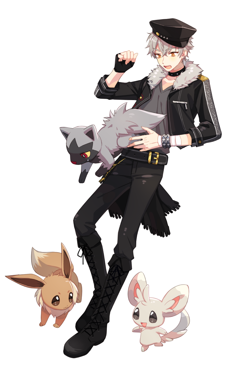 eevee, minccino, poochyena, and ogami koga (pokemon and 1 more) drawn by miruru_(palegray)