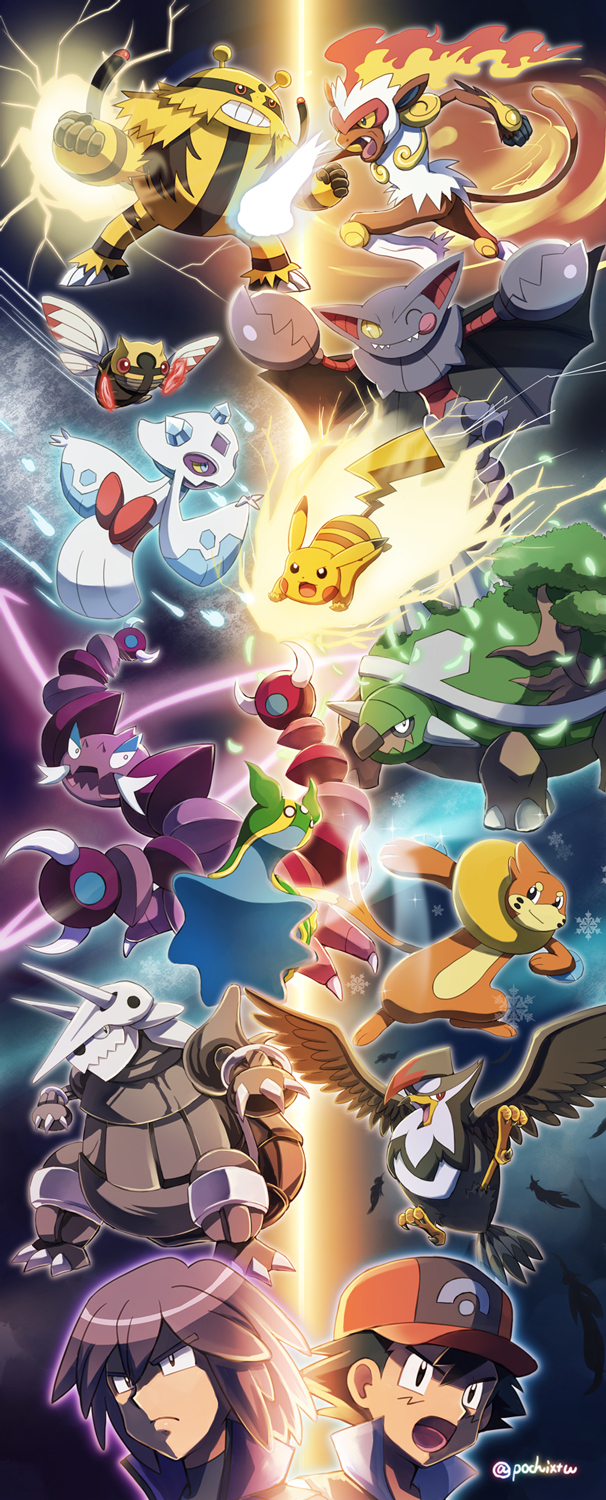 pikachu, ash ketchum, froslass, infernape, aggron, and 9 more (pokemon and 1 more) drawn by pochi_(furaigonn)