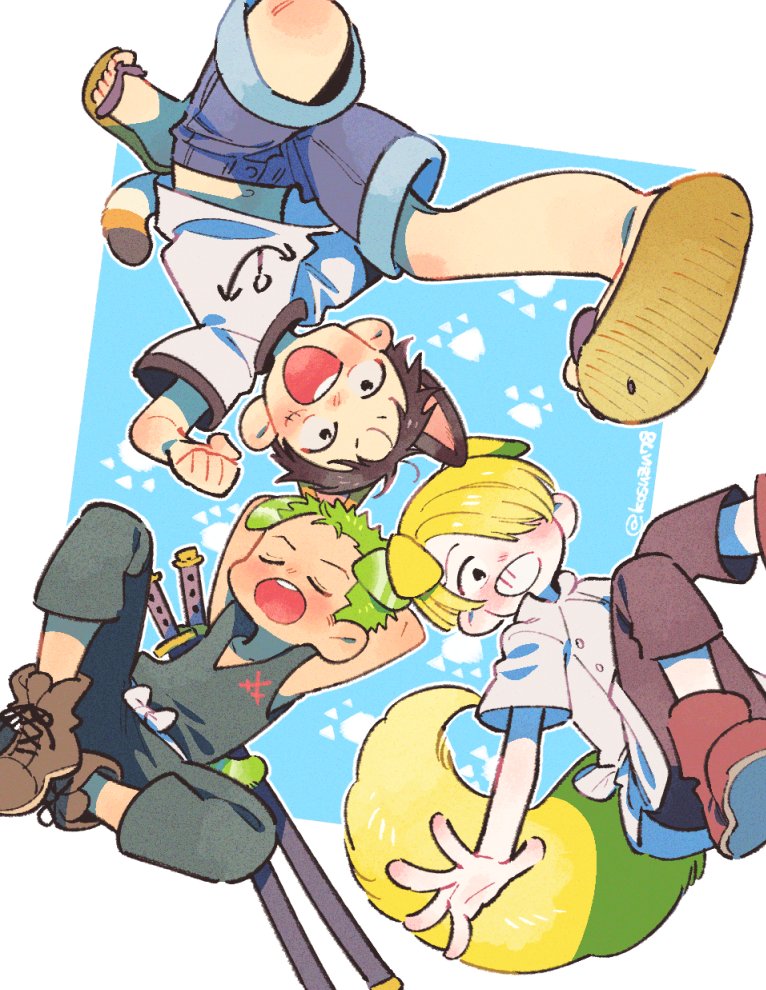 monkey d. luffy, roronoa zoro, and sanji (one piece) drawn by mitsubachi_koucha