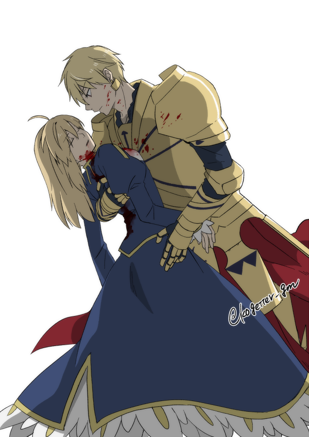 artoria pendragon, saber, and gilgamesh (fate and 1 more) drawn by moonlight_0423
