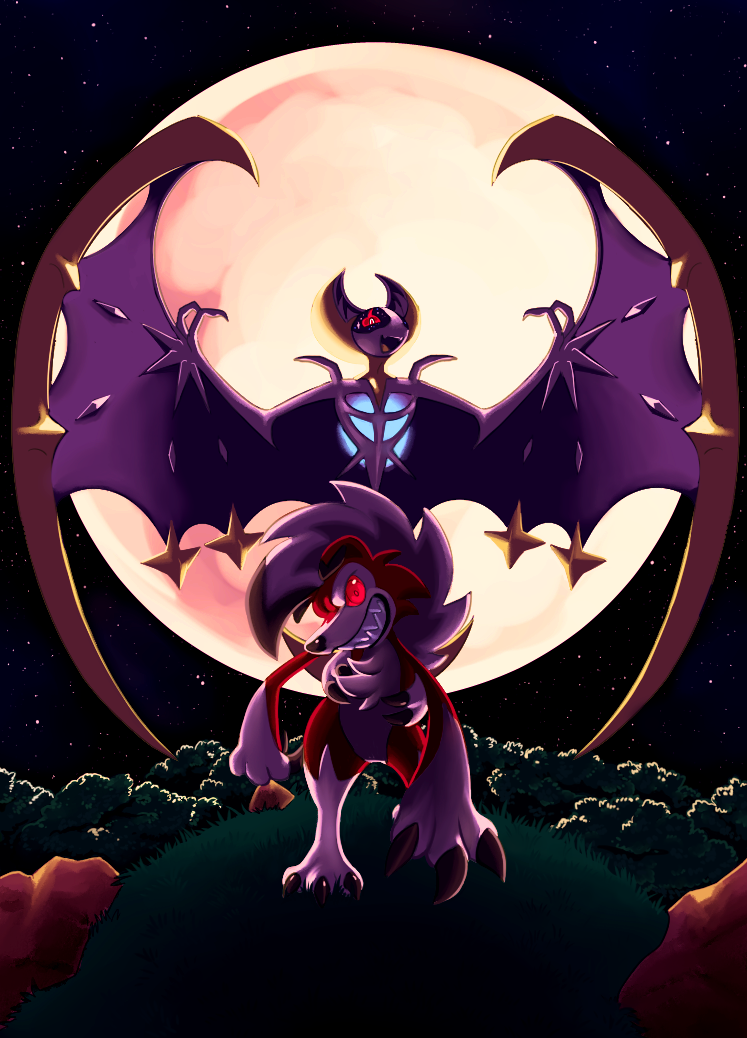 lycanroc and lunala (pokemon) drawn by abbystabby