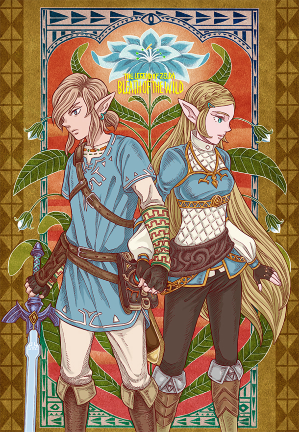 link and princess zelda (the legend of zelda and 1 more) drawn by momen