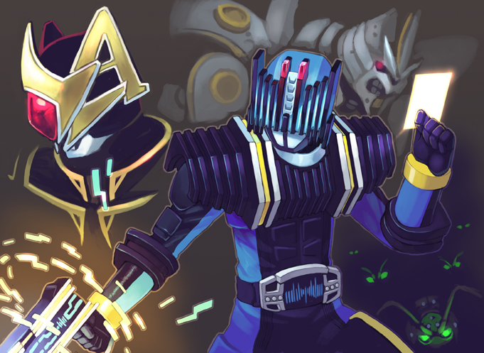 kamen rider diend, kamen rider glaive, giant jashin 14, and darkroach (kamen rider and 2 more) drawn by shigehiro_(hiroi_heya)