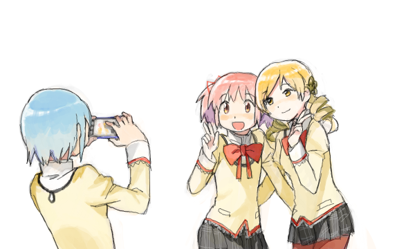 kaname madoka, miki sayaka, and tomoe mami (mahou shoujo madoka magica) drawn by yoplait