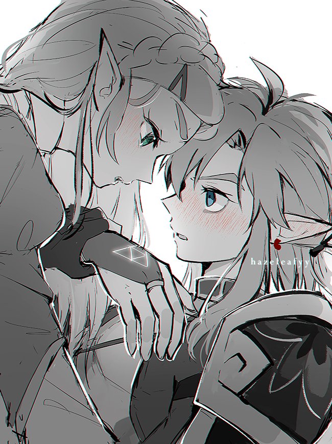link and princess zelda (the legend of zelda and 1 more) drawn by hazeleafyy