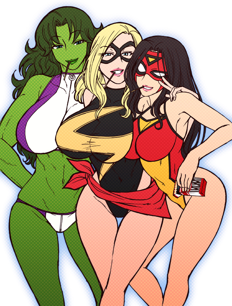 she-hulk, ms. marvel, jennifer walters, carol danvers, spider-woman, and 1 more (marvel and 1 more) drawn by chiba_toshirou
